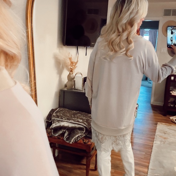 Beige Off-Shoulder Sweater Dress with Lace Trim - Picture 5 of 5